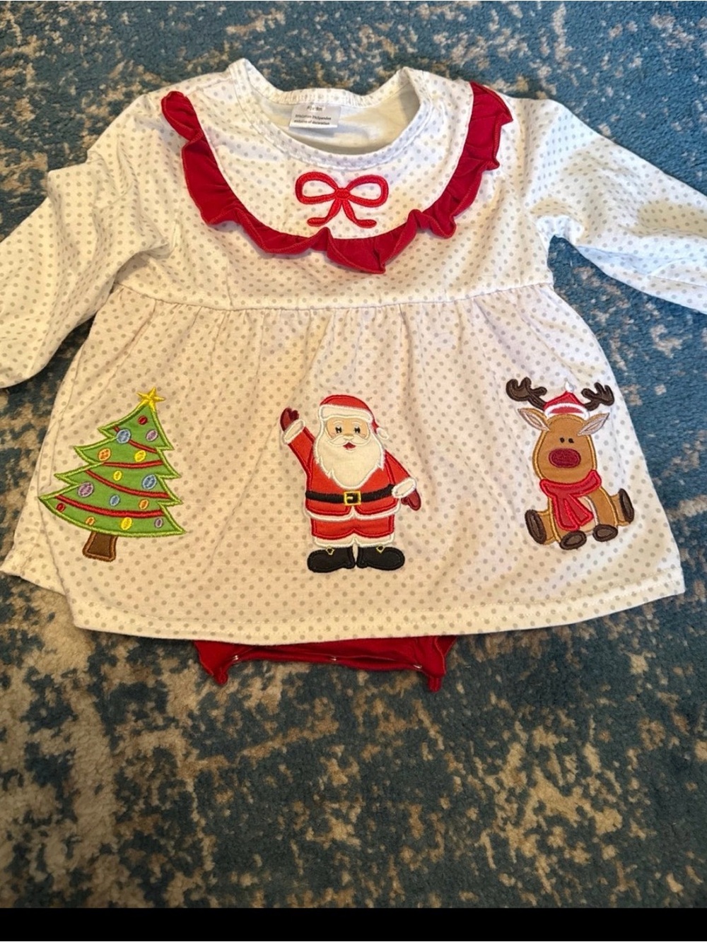 Smocked Holiday Santa & Reindeer Girls White Dress with Red Trim Bubble